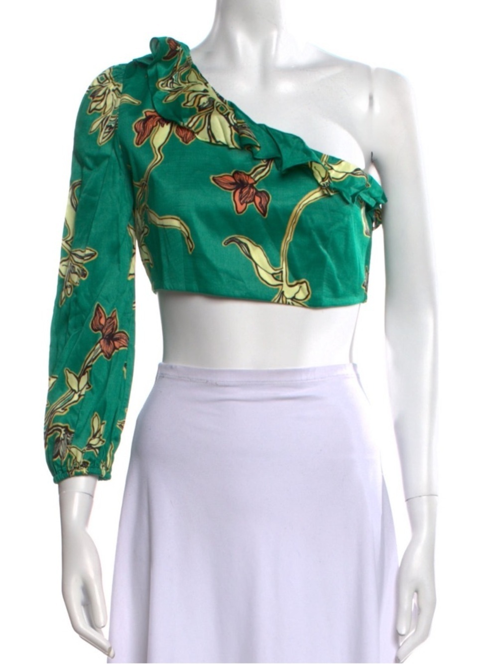 NWT Alexis Green One-Shoulder Floral Ruffle Crop Top